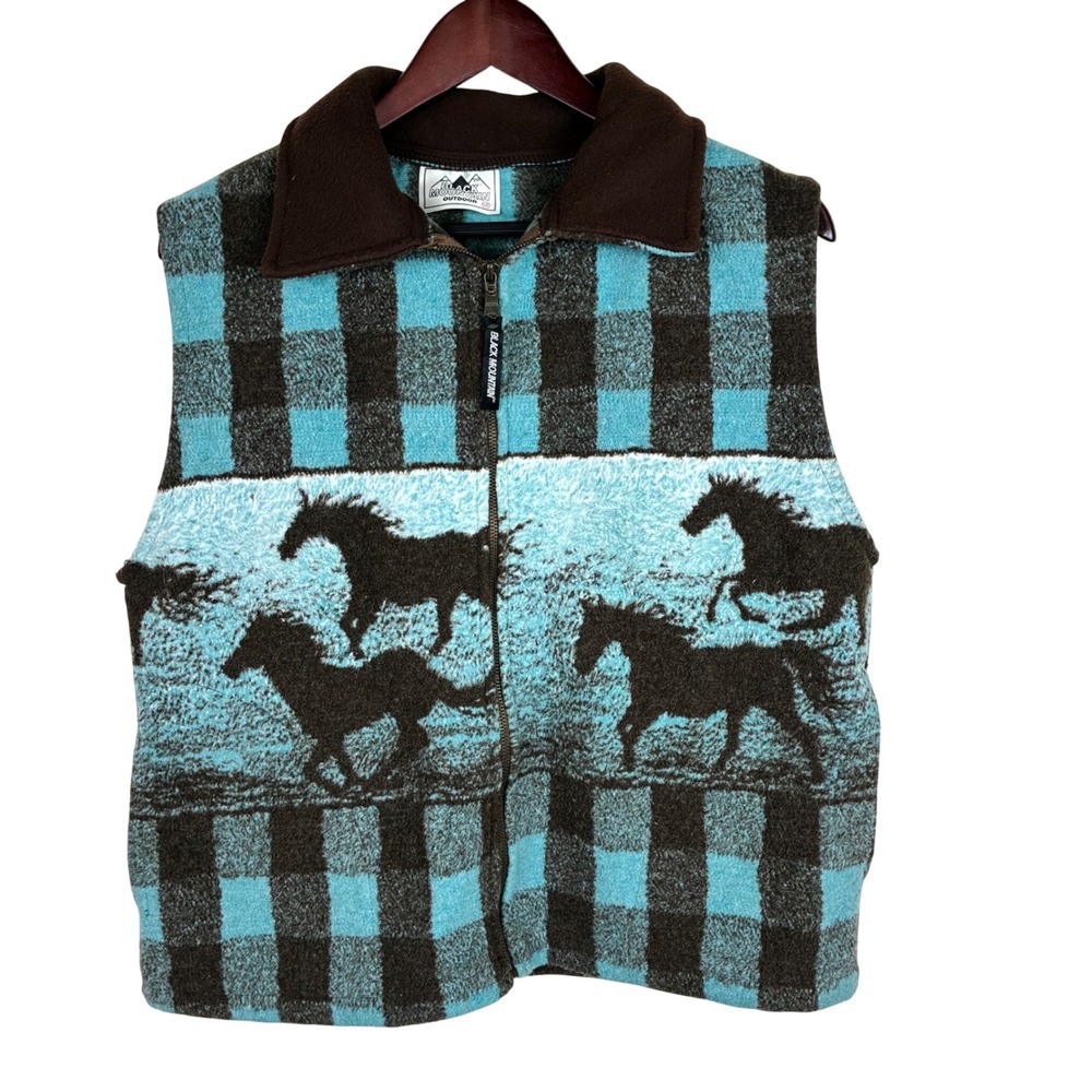 Vintage Black Mountain Outdoor Vest Sz M Horse Graphic Western Ranch Boho Zip Up